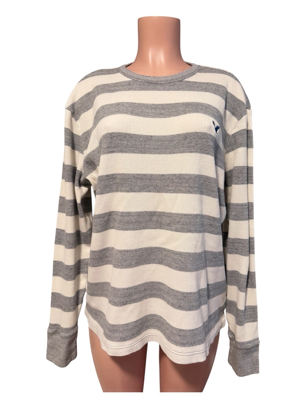 American Eagle Striped Waffle Knit Long Sleeve Top — Cream & Gray